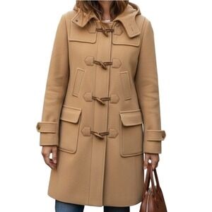 Benetton Womens Long Duffle Toggle Coat 40 S Camel Wool Blend Hooded Classic